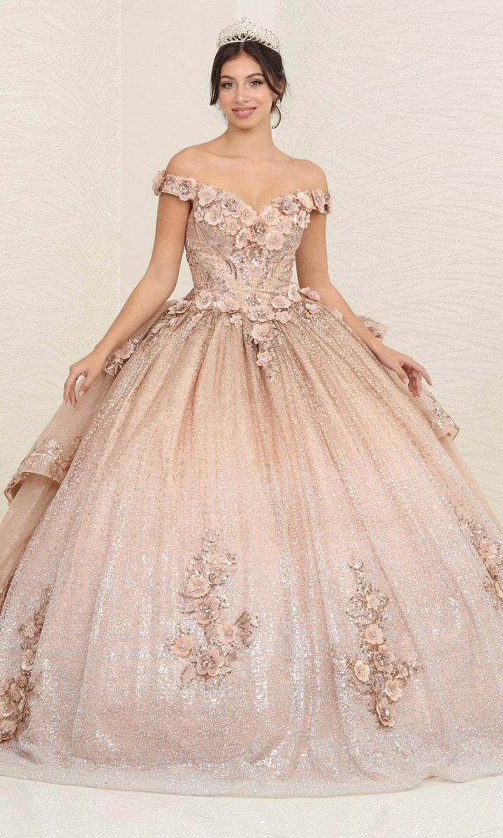 Off-the-Shoulder Floor-Length with Train Tulle Quinceañera Ball Gown May Queen LK255