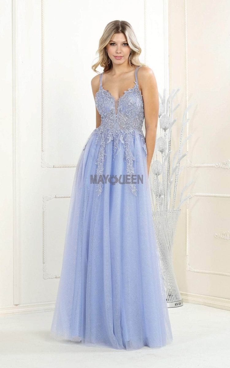 V-Neck Floor-Length Tulle Prom A-Line May Queen RQ7957
