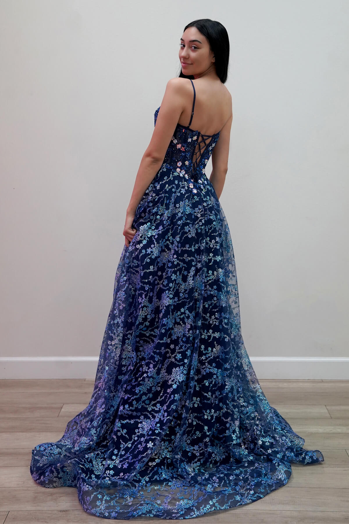 Prom Dresses Strapless Floor-Length Tulle Gown with Corset Bodice and Lace Formal Gown Juliet JUJT2642G Juliet Navy Blue