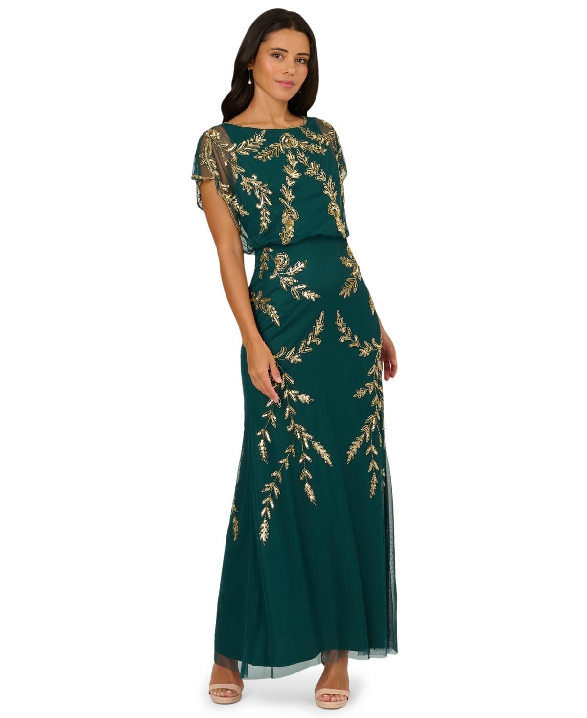 Adrianna Papell AP2E209917 Long Beaded Flutter Blouson Dress – The Dress Outlet