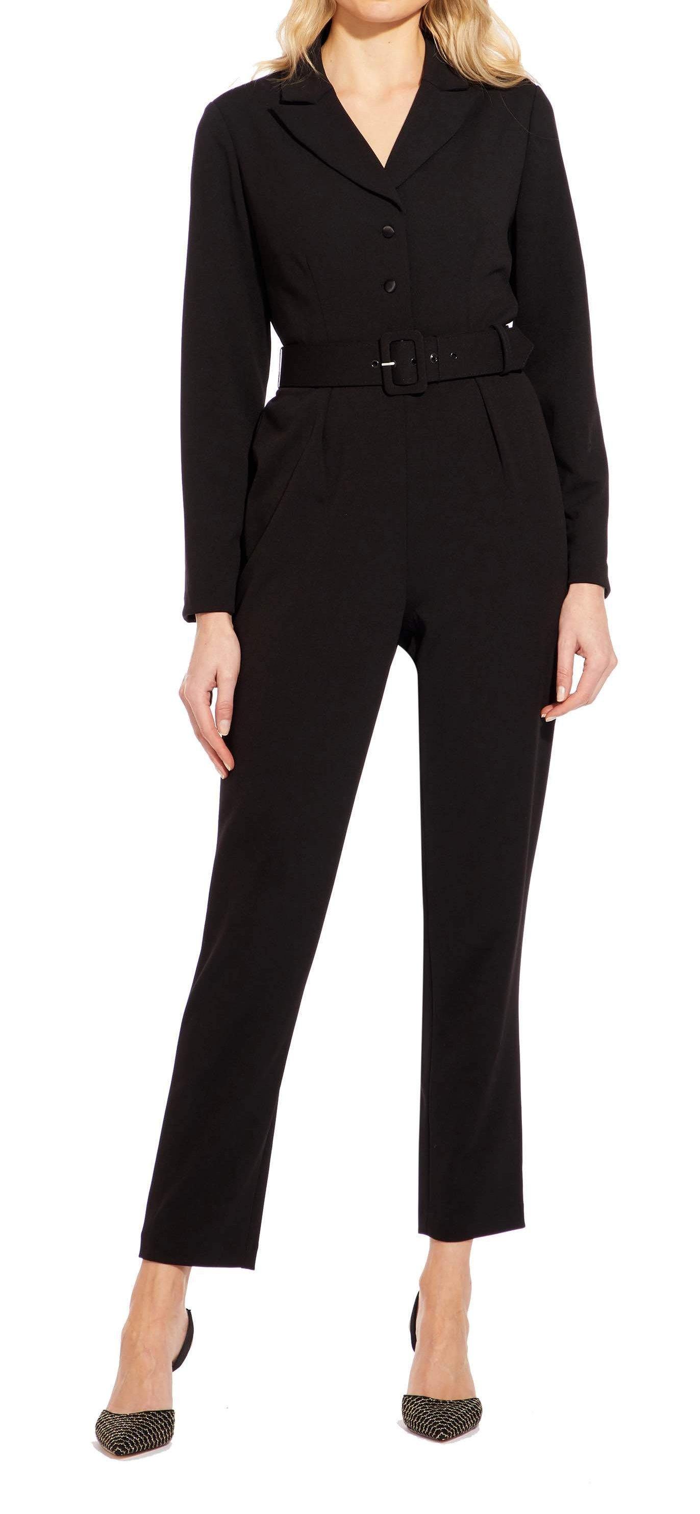 Adrianna Papell Long Sleeve Belted Solid Stretch Crepe Jumpsuit - The Dress Outlet Adrianna Papell
