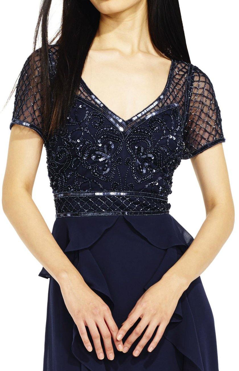 Adrianna Papell AP1E201086 Short Sleeve Mesh Bodice Ruffled Chiffon Dress