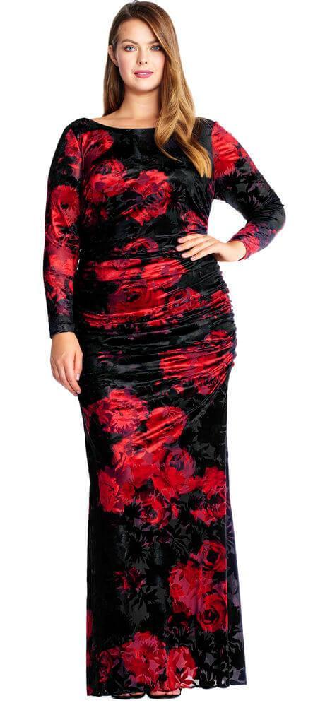 Adrianna Papell Long Plus Size Floral Print Velvet Dress - The Dress Outlet Adrianna Papell