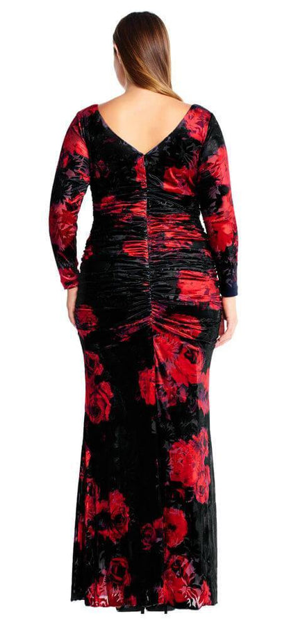 Adrianna Papell Long Plus Size Floral Print Velvet Dress - The Dress Outlet Adrianna Papell