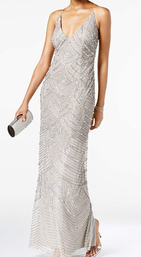 Adrianna Papell Spaghetti Strap Long Formal Mesh Dress - The Dress Outlet Adrianna Papell