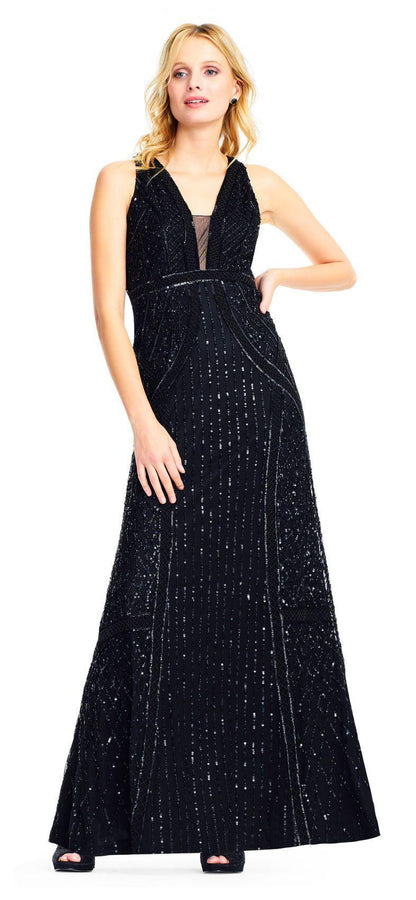 Adrianna Papell Long Formal Embellished Mesh Dress - The Dress Outlet Adrianna Papell