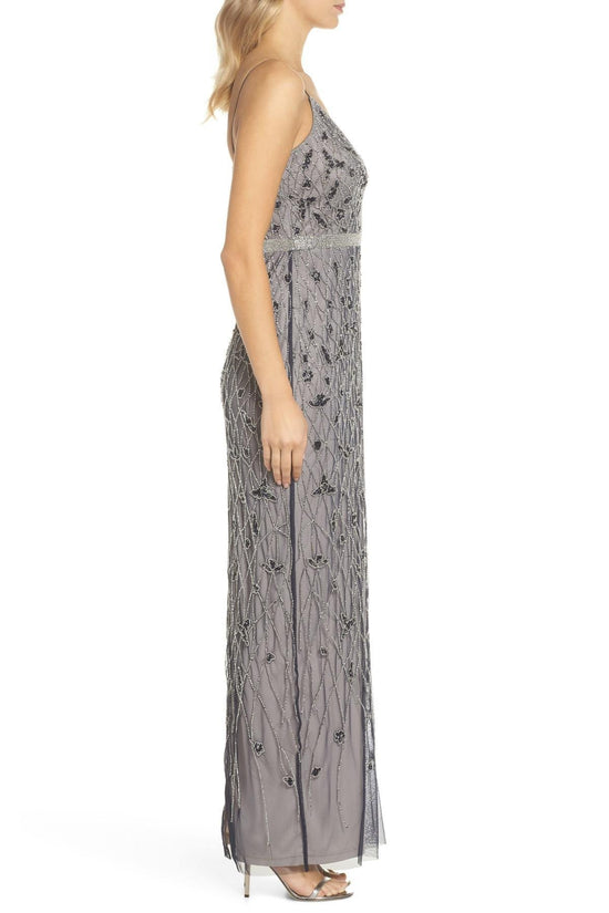 Navy Silver Adrianna Papell AP1E202406 Spaghetti Strap Long Formal Mesh Dress for $204.99 – The ...