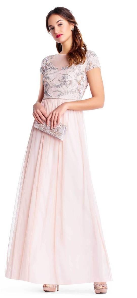 Adrianna Papell Beaded Bodice Cap Sleeve Gown, Womens, 6, Blush Adrianna Papell Beaded Bodice Cap Sleeve Gown, Womens, 6, Blush