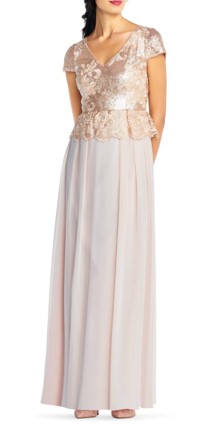 Adrianna Papell Short Sleeve Pleated Sequin Chiffon Dress - The Dress Outlet Adrianna Papell