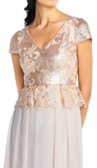 Adrianna Papell Short Sleeve Pleated Sequin Chiffon Dress - The Dress Outlet Adrianna Papell