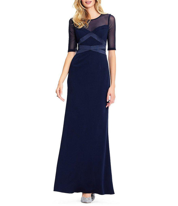 Adrianna Papell Short Sleeve Banded Mesh Long Dress - The Dress Outlet Adrianna Papell