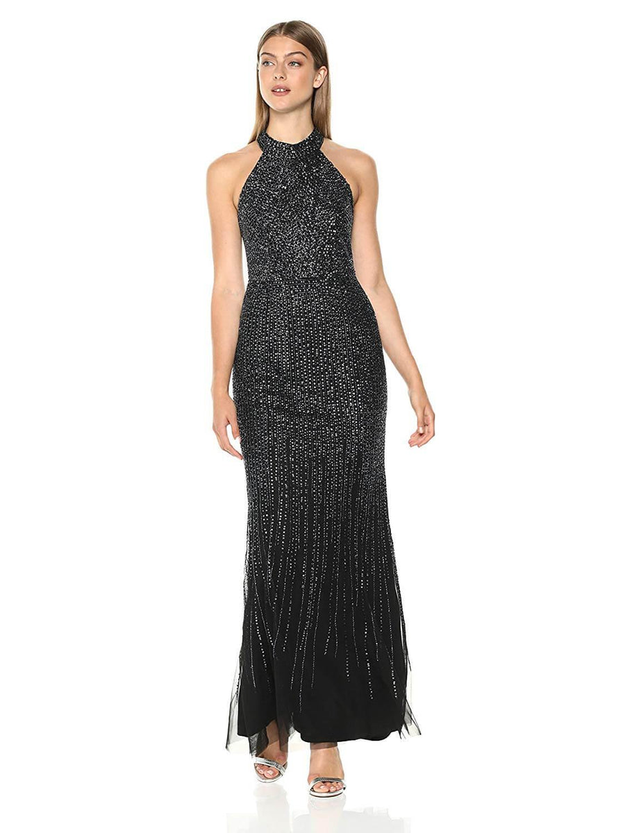 Adrianna Papell Halter Beaded Mermaid Gown, Womens, 14, Black