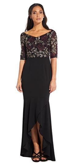 Adrianna Papell Short Sleeve High Low Gown with Metallic Sequin Florals, Night Plum/Black, Size: 8 Adrianna Papell Short Sleeve High Low Gown with Metallic Sequin Florals, Night Plum/Black, Size: 8
