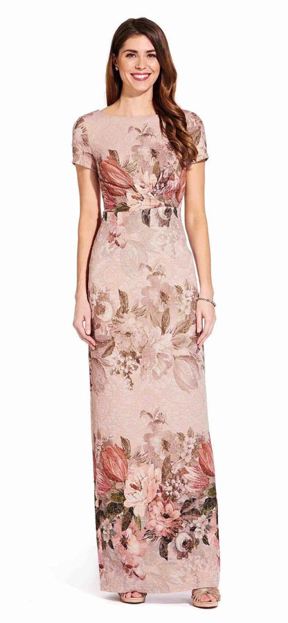 Adrianna Papell Short Sleeve Floral Evening Dress Formal - The Dress Outlet Adrianna Papell