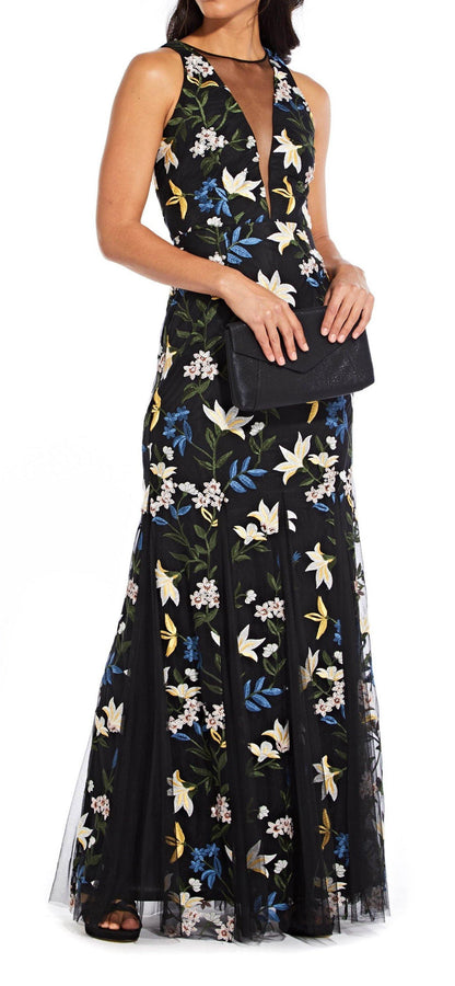 Adrianna Papell Long Sleeveless Floral Mesh Formal Dress - The Dress Outlet Adrianna Papell