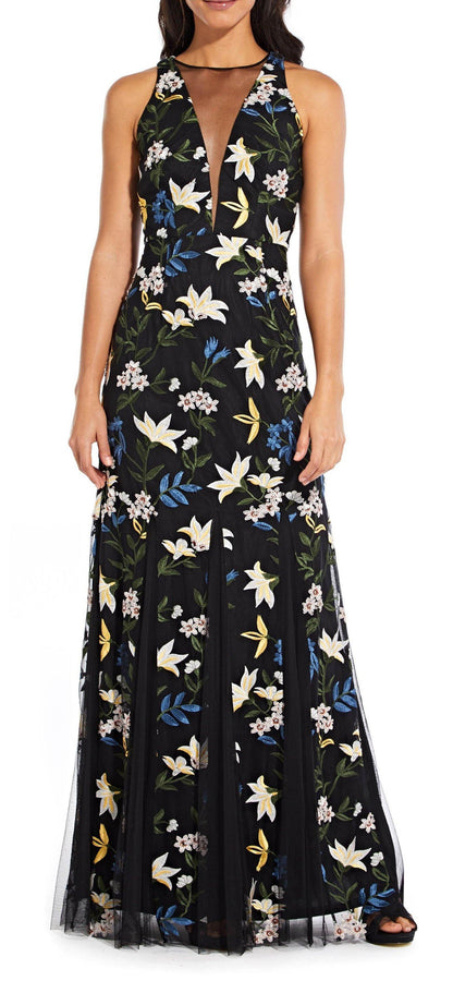 Adrianna Papell Long Sleeveless Floral Mesh Formal Dress - The Dress Outlet Adrianna Papell