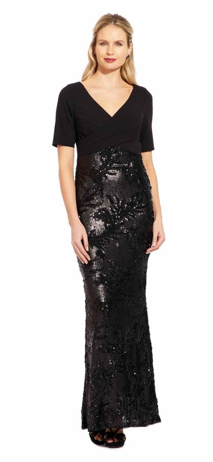 Adrianna Papell Short Sleeve Formal Evening Long Dress - The Dress Outlet Adrianna Papell