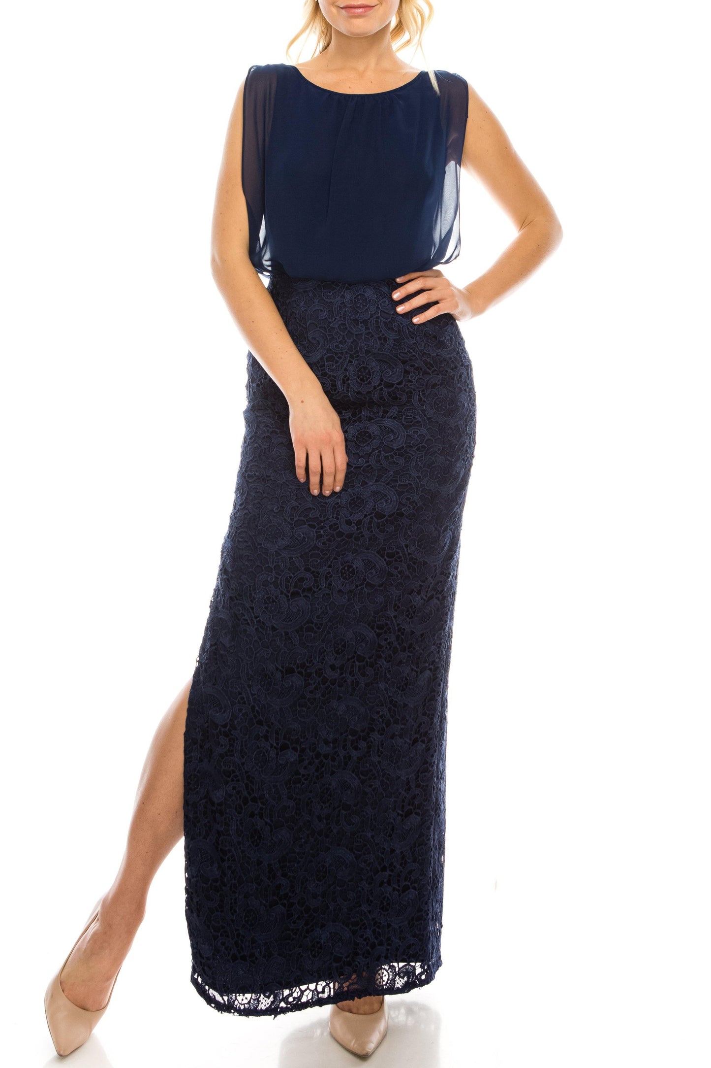 Aidan Mattox Long Formal Chiffon Lace Evening Dress - The Dress Outlet