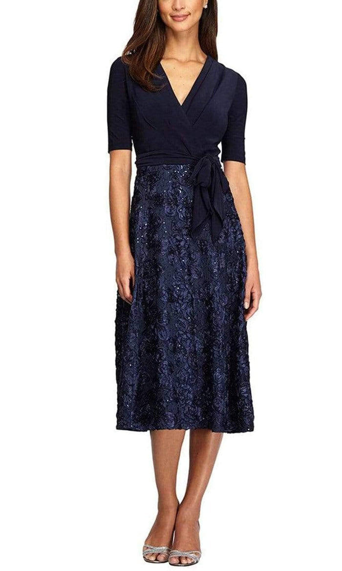 Tea-Length Lace & Jersey Cocktail Dress with Full Rosette Lace Skirt and Tie Belt Alex Evenings 4121465