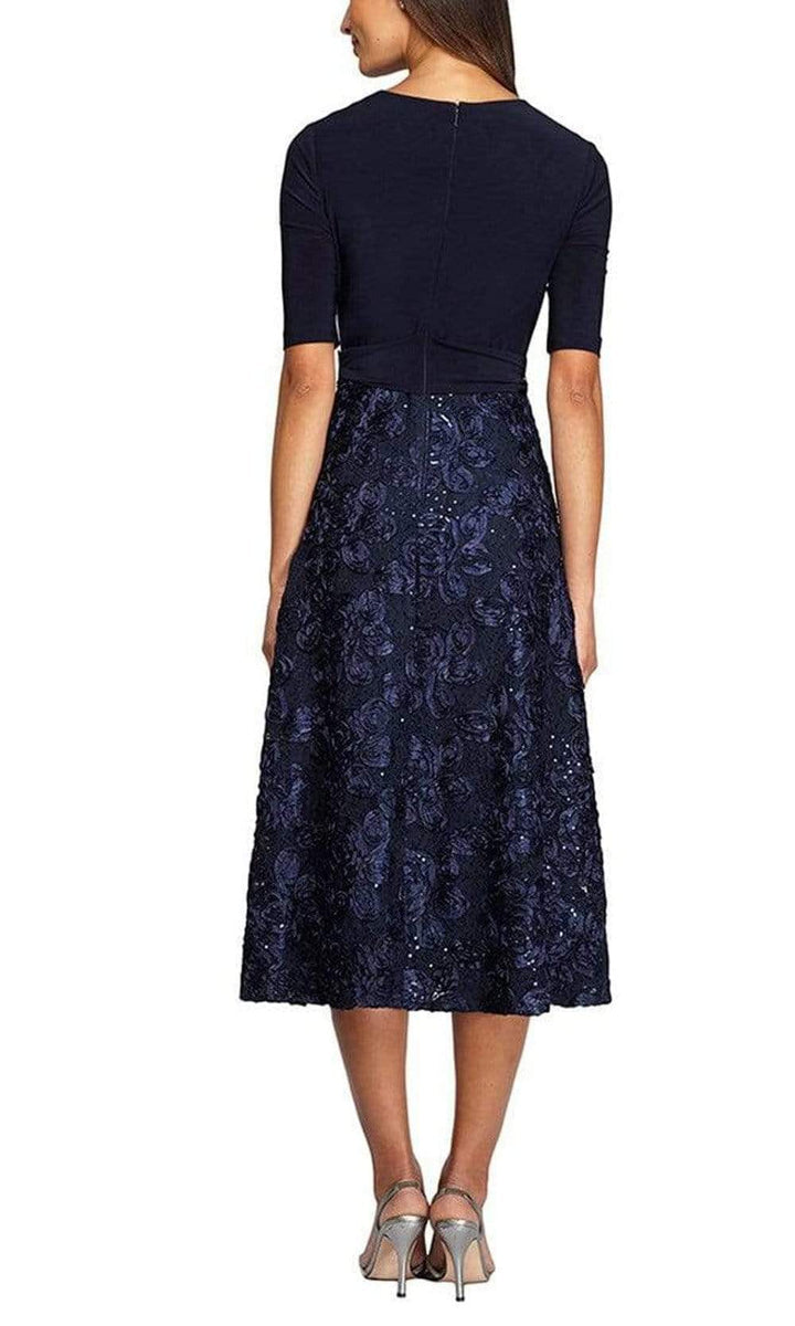 Tea-Length Lace & Jersey Cocktail Dress with Full Rosette Lace Skirt and Tie Belt Alex Evenings 4121465
