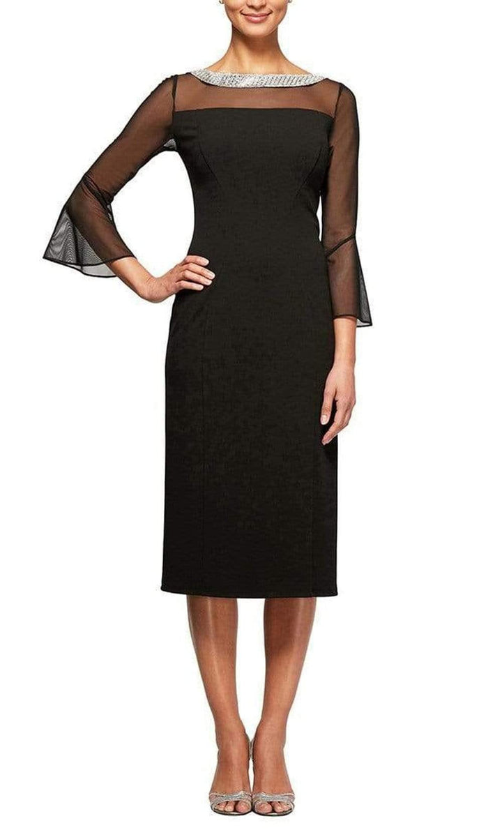 Short Sheath Crepe Cocktail Dress with Beaded Illusion Neckline & Bell Sleeves Alex Evenings 160146