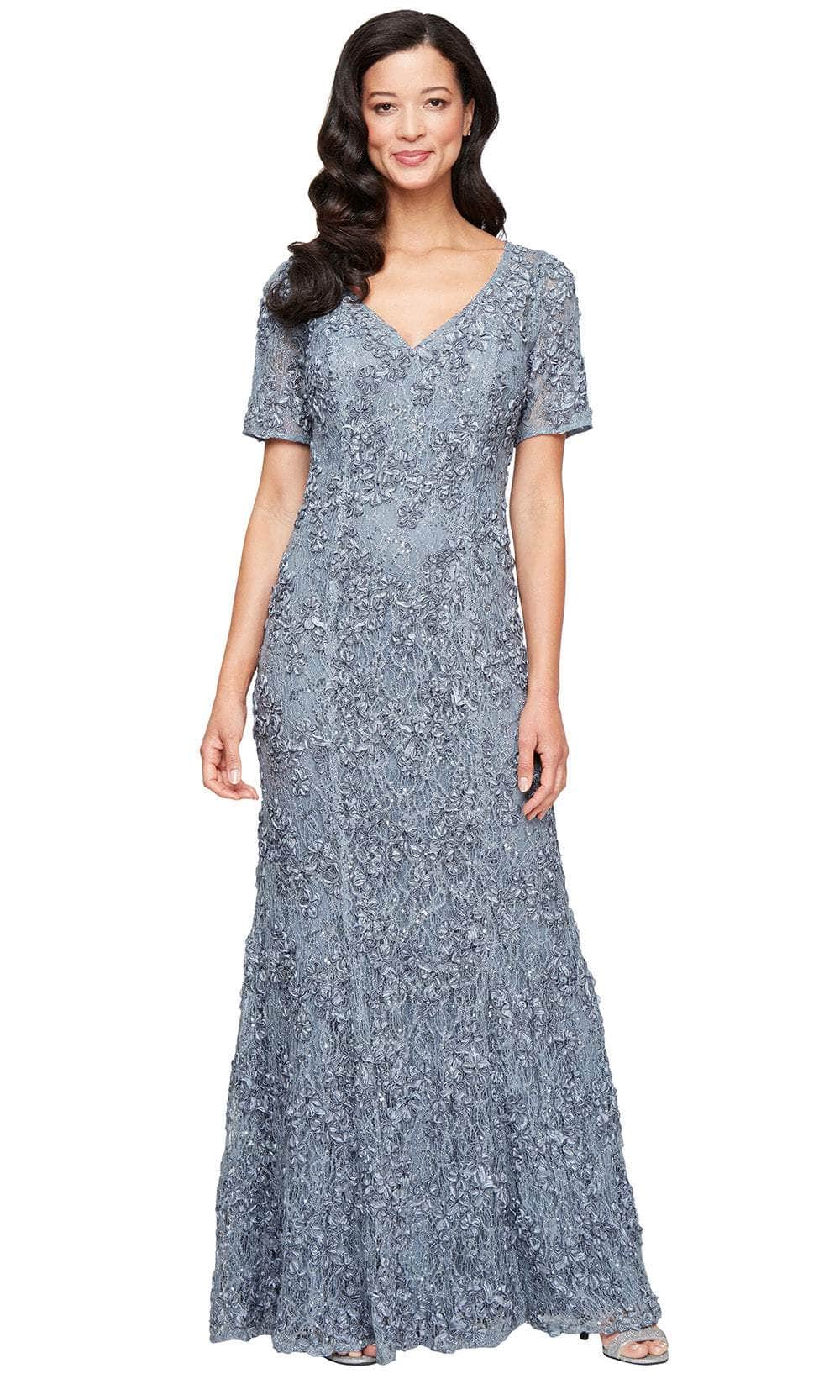 V-Neck Floor-Length 3D Floral Lace Formal Evening Gown Short Sleeves Alex Evenings 81122627