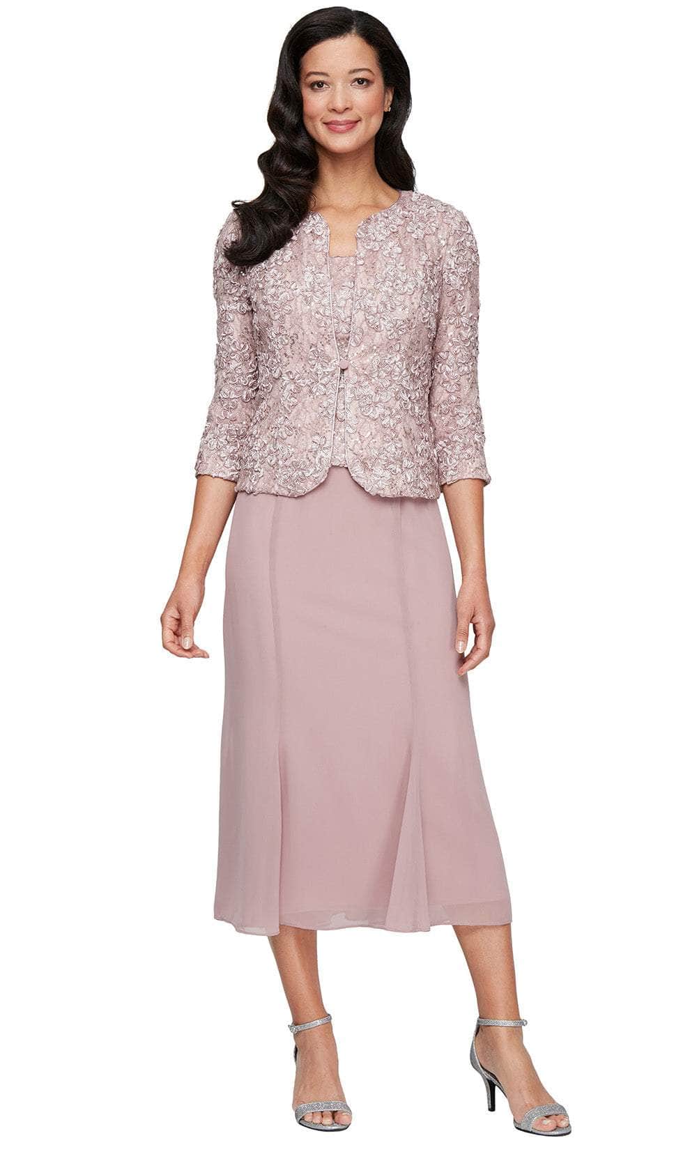 Tea Length Soutache Dress with Center Front Button Jacket and Chiffon Skirt Alex Evenings 81122689