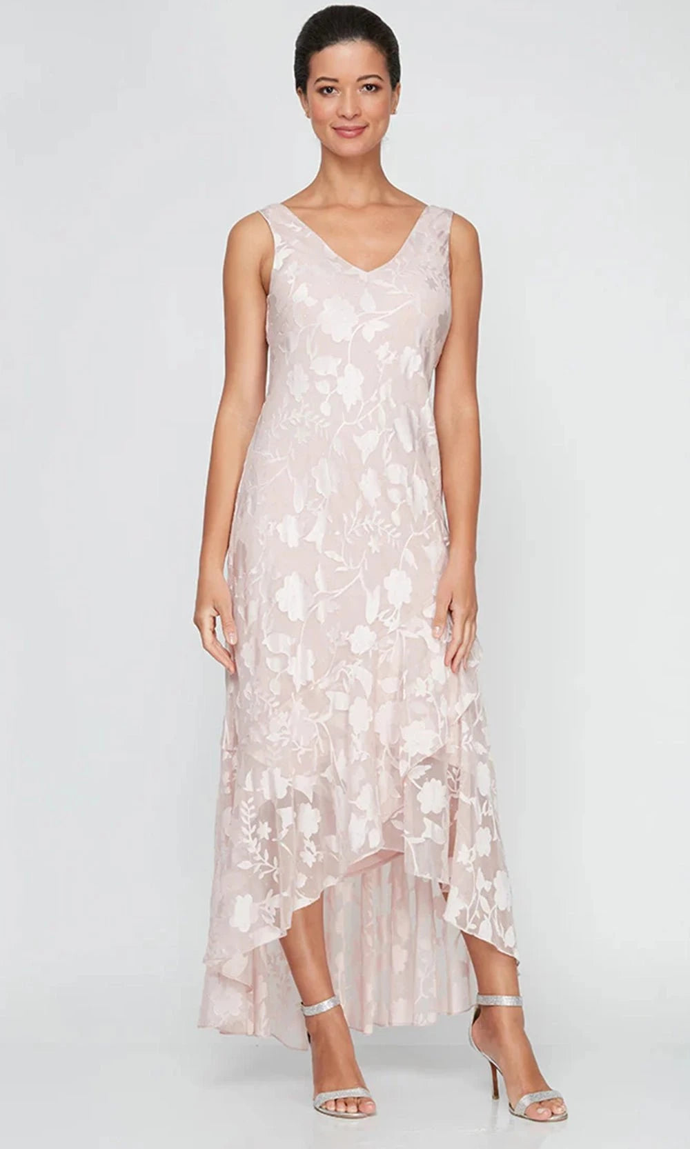 Chiffon Jacket Dress with High/Low Tulip Hem Skirt & Open Cascade Jacket Alex Evenings 8175804