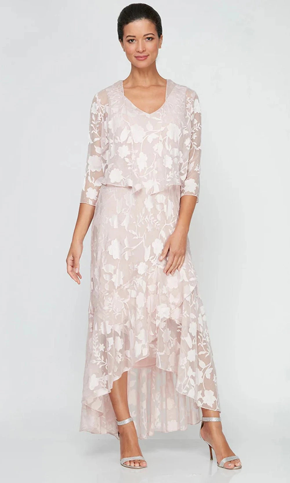 Chiffon Jacket Dress with High/Low Tulip Hem Skirt & Open Cascade Jacket Alex Evenings 8175804