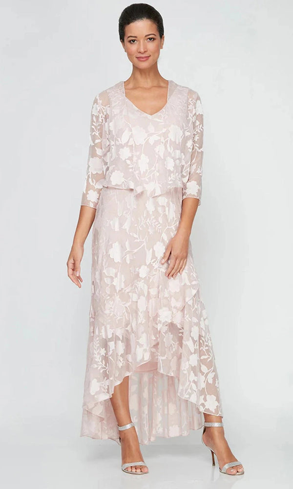 Chiffon Jacket Dress with High/Low Tulip Hem Skirt & Open Cascade Jacket Alex Evenings 8175804