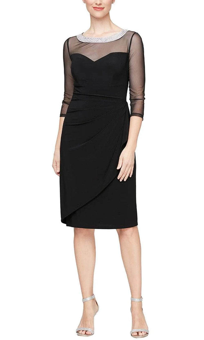 Sheath Crepe Dress with Embellished Sweetheart Illusion Neckline and Cascade Detail Skirt Alex Evenings 81351653