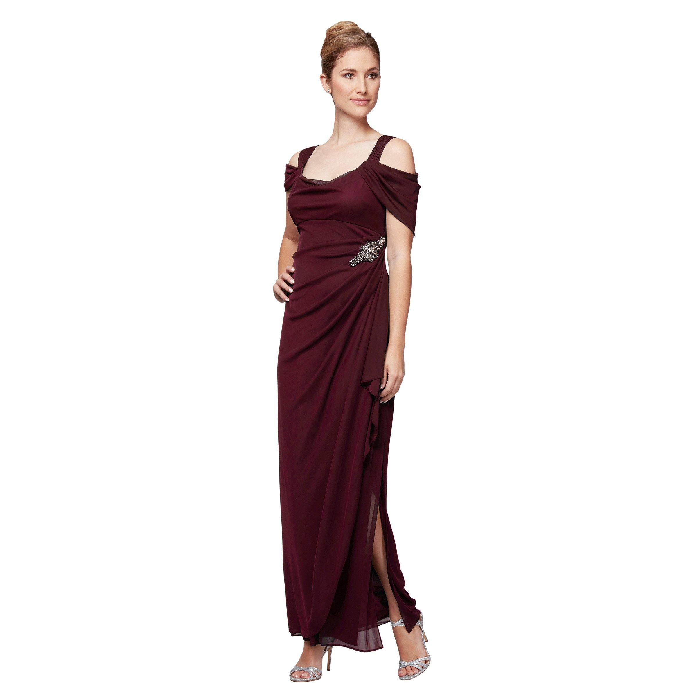 Alex Evenings Women's Cold-Shoulder Embellished Gown - Wine - Size 8 Alex Evenings Women's Cold-Shoulder Embellished Gown - Wine - Size 8