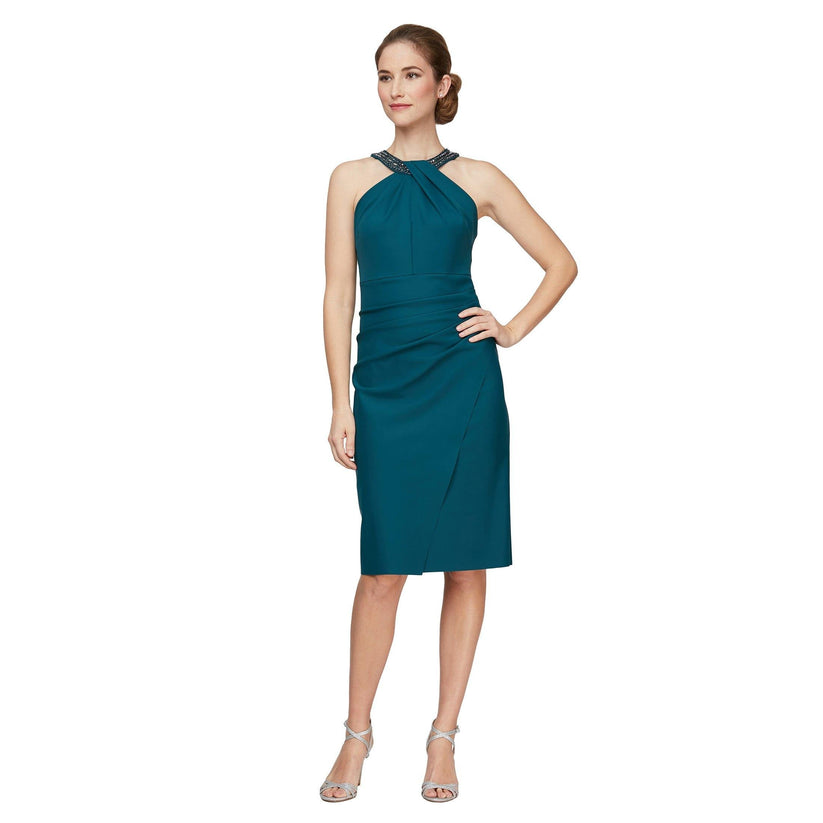 Charcoal Alex Evenings AE134165 Short Beaded Halter Dress for $239.99 – The Dress Outlet