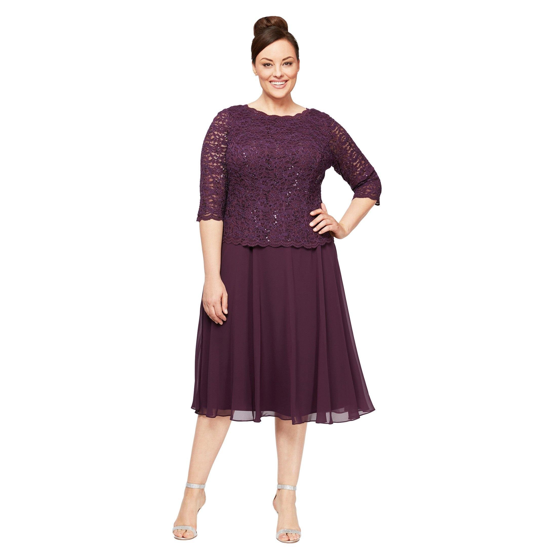Alex Evenings Plus Bella Sequin Lace Dress Deep Plum / 14W Alex Evenings Plus Bella Sequin Lace Dress Deep Plum / 14W