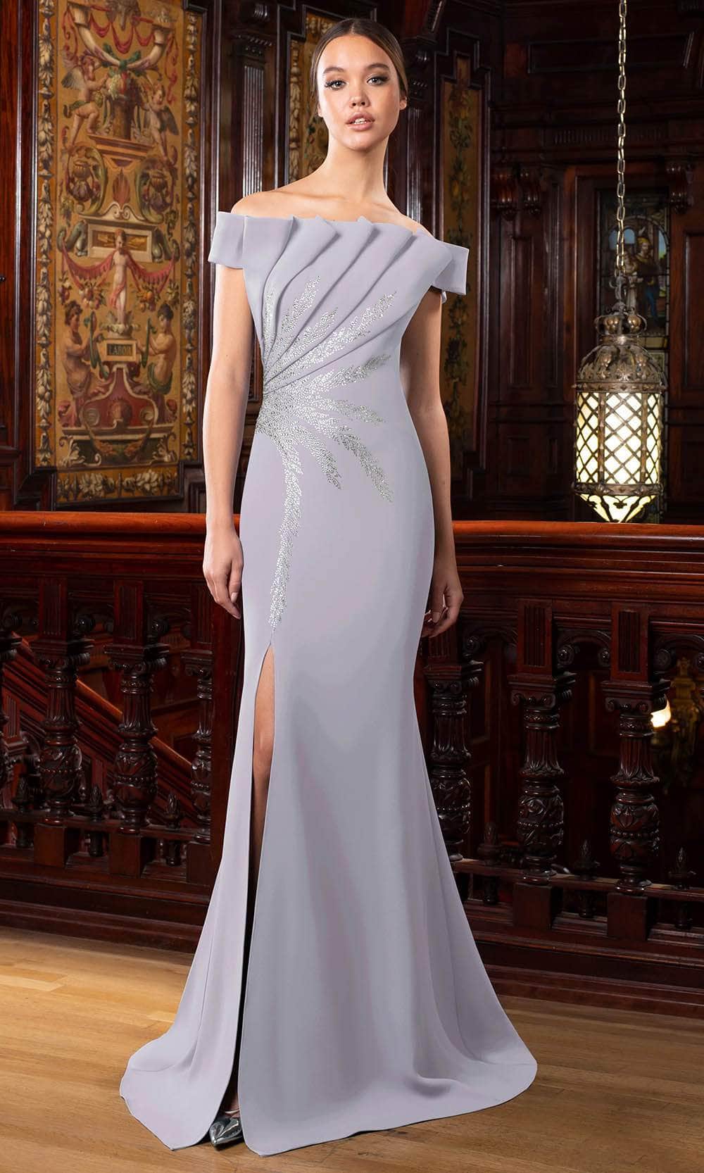 Alexander by Daymor 1586 - Off Shoulder Pleated Bodice Evening Gown 20 / Dove Grey