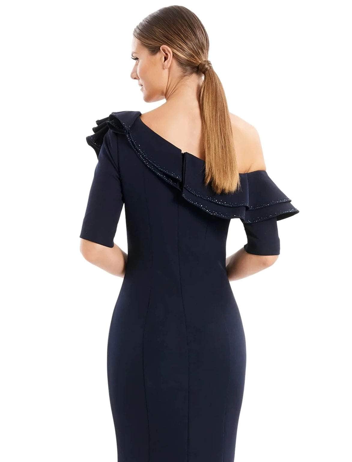 Cocktail Dresses Short Fitted Ruffled Cocktail Knee Length Dress Navy