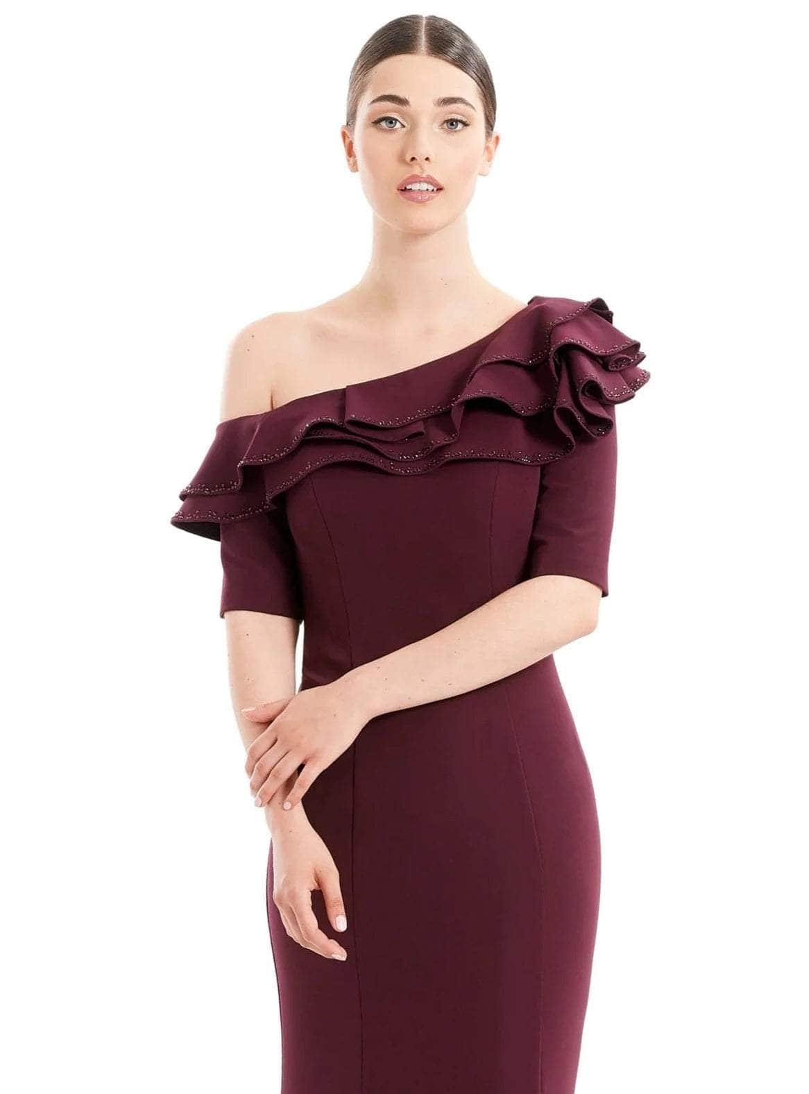 Cocktail Dresses Short Fitted Ruffled Cocktail Knee Length Dress Wine
