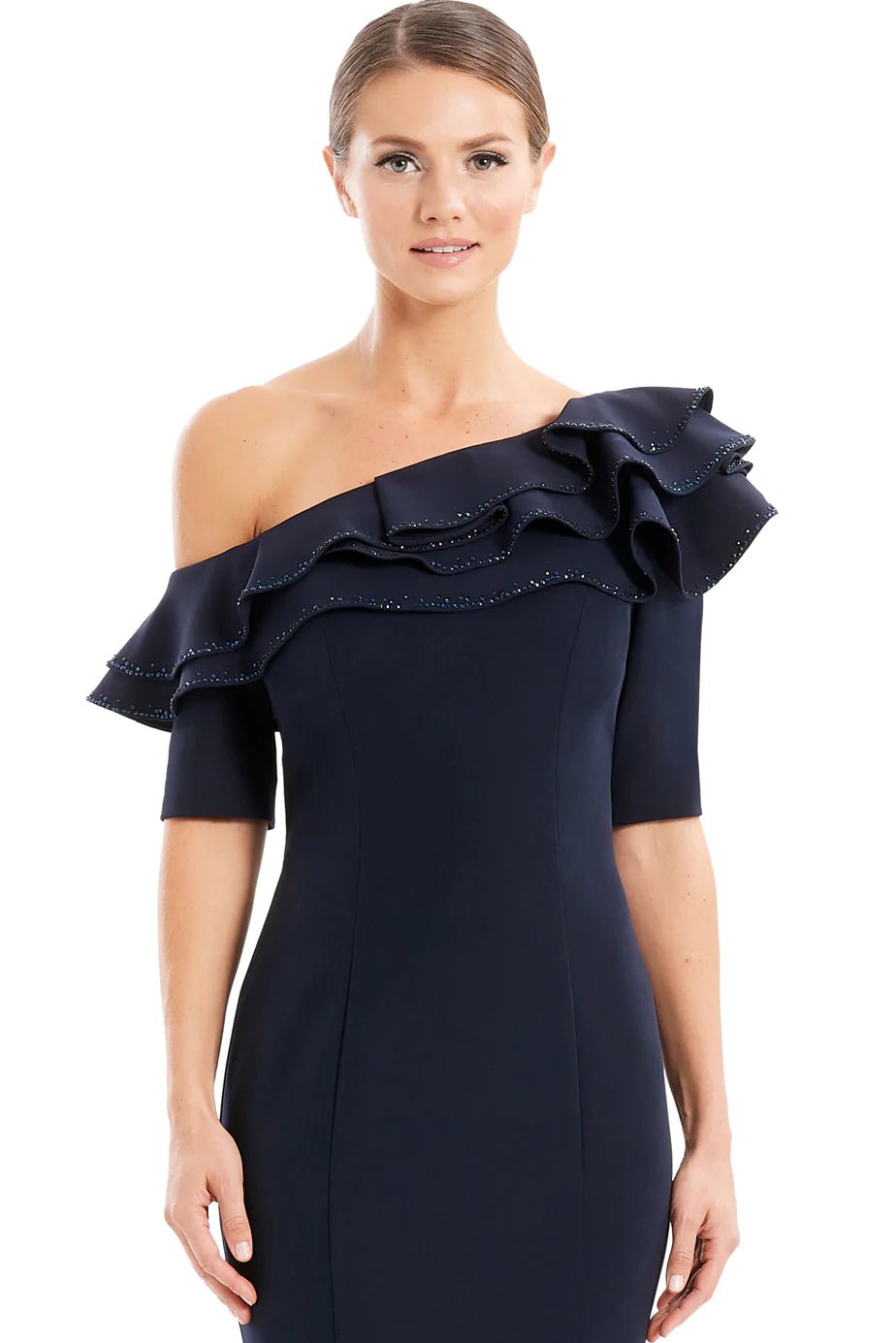 Cocktail Dresses Short Fitted Ruffled Cocktail Knee Length Dress Navy