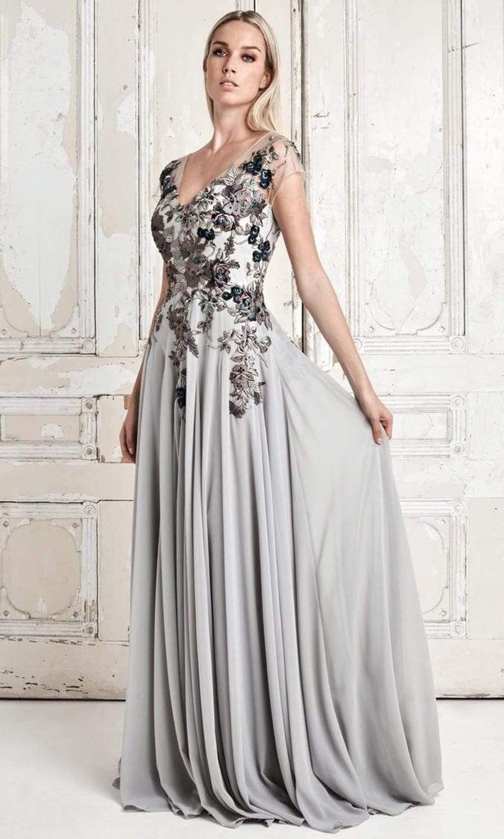 Alexander by Daymor 758 A Line Long Floral Formal Evening Dress - Putty / 12