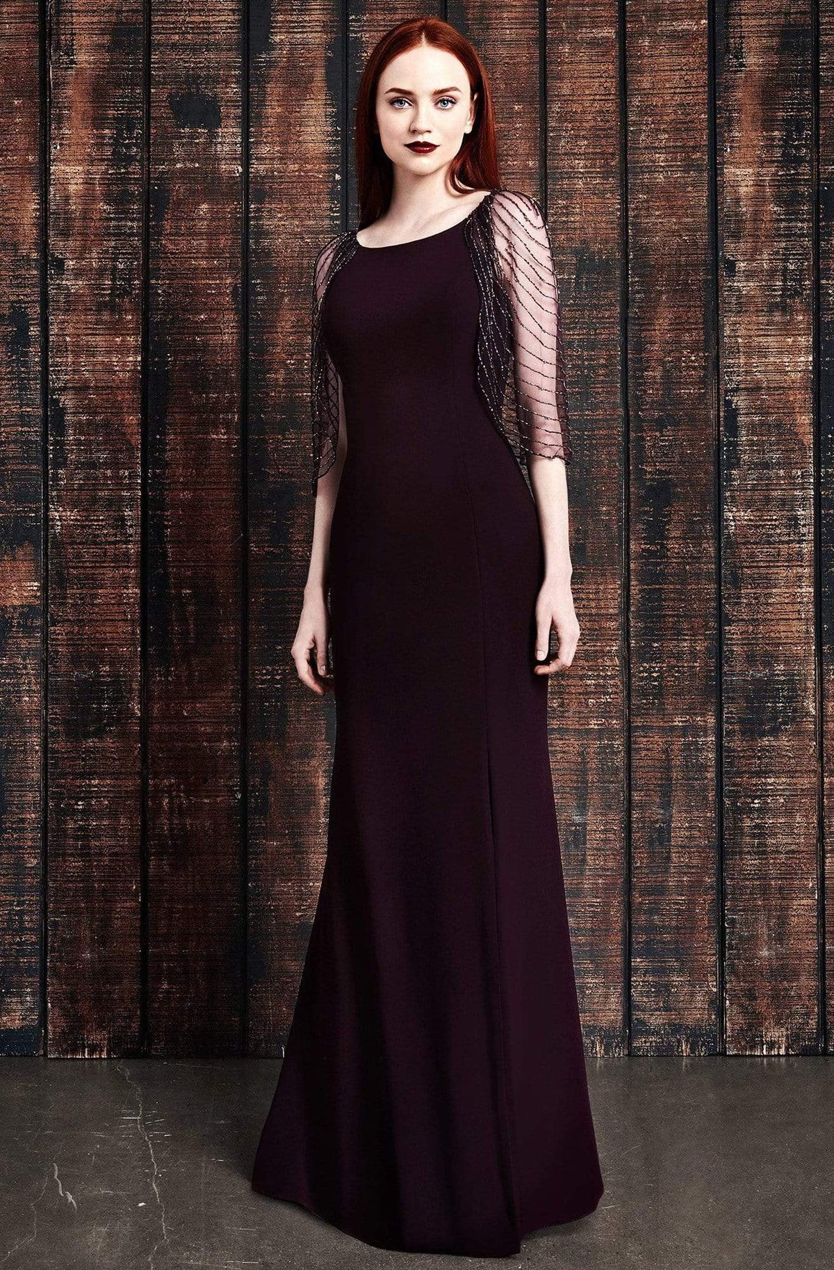 Formal Dresses Long Formal Beaded Cape Evening Dress Aubergine