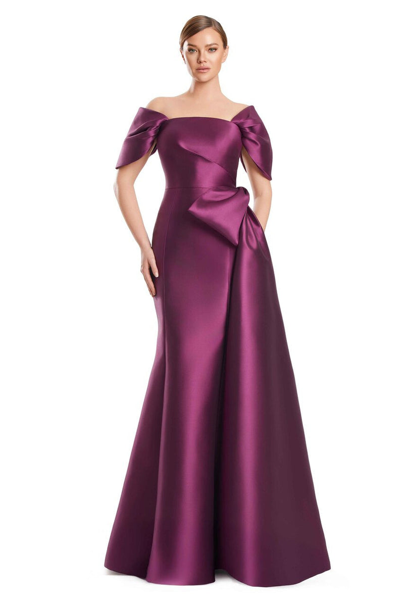 Off-Shoulder Satin Gown with Bow Details by Alexander by Daymor 3222S26 in Plum