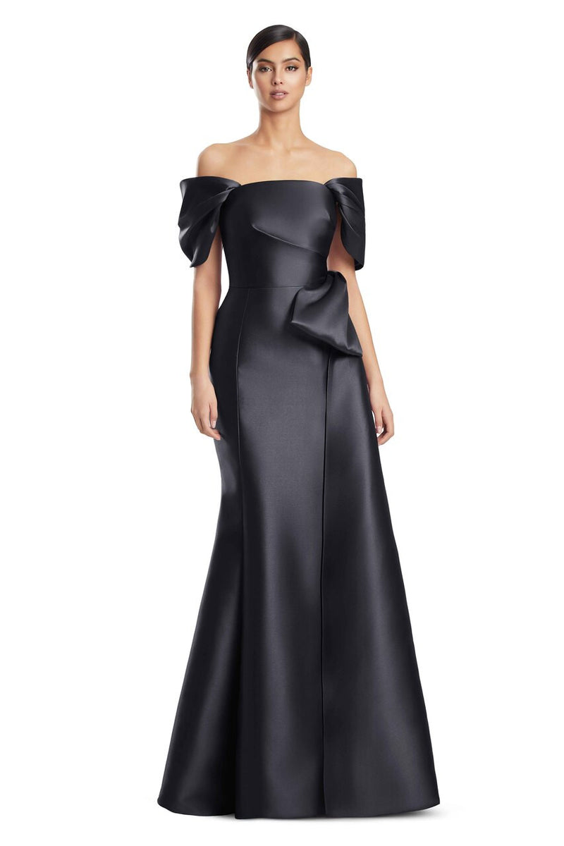 Off-Shoulder Satin Gown with Bow Details by Alexander by Daymor 3222S26 in Black