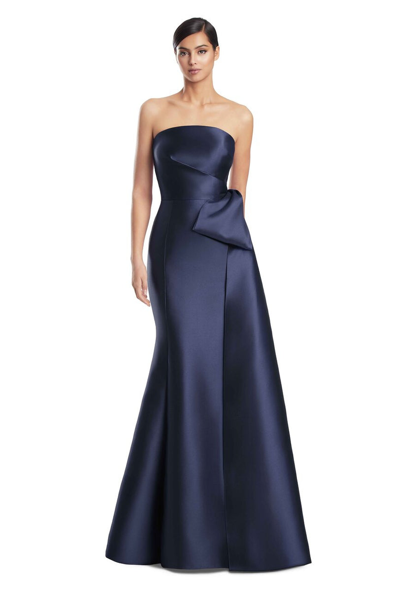 Off-Shoulder Satin Gown with Bow Details by Alexander by Daymor 3222S26 in Navy
