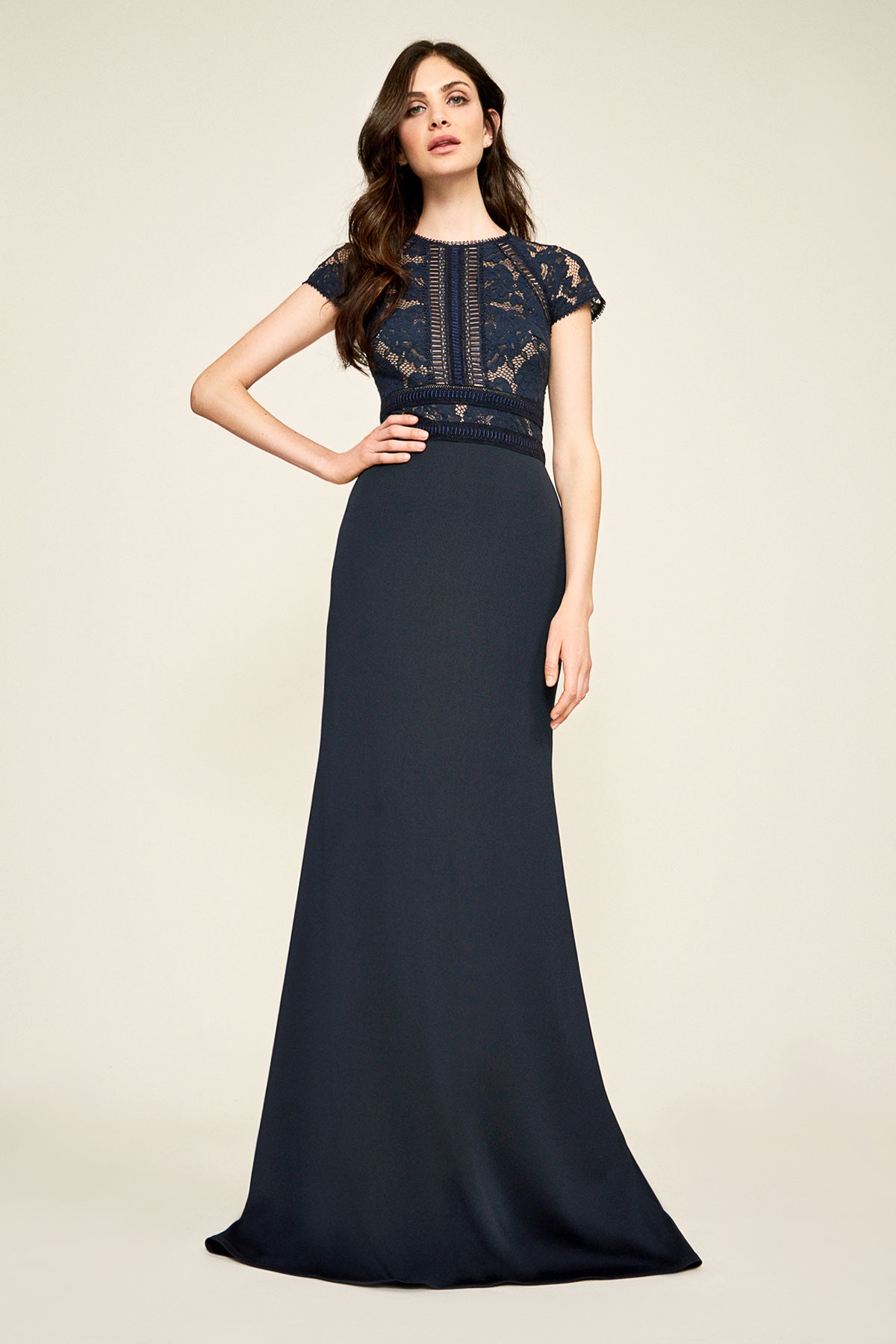 Formal Dresses Fitted Long Floral Lace Formal Evening Dress Navy/Nude