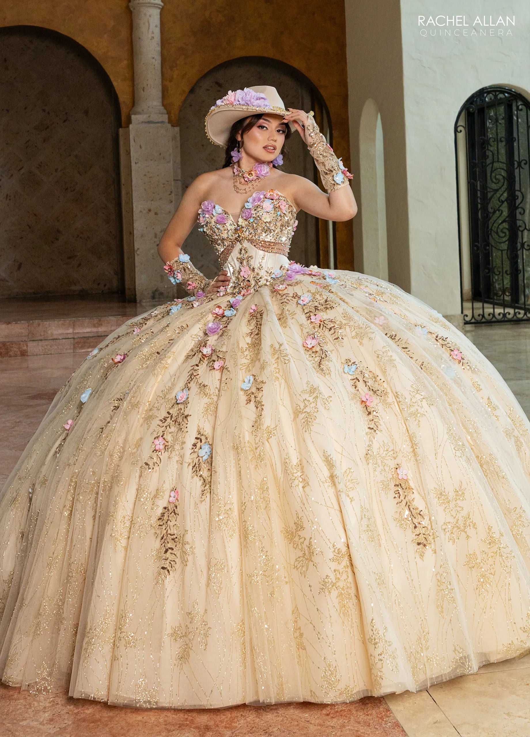 Emerald Multi Sweetheart Floor-Length Tulle Gown with Floral Embellishments Formal Gown Rachel Allan RQ6011