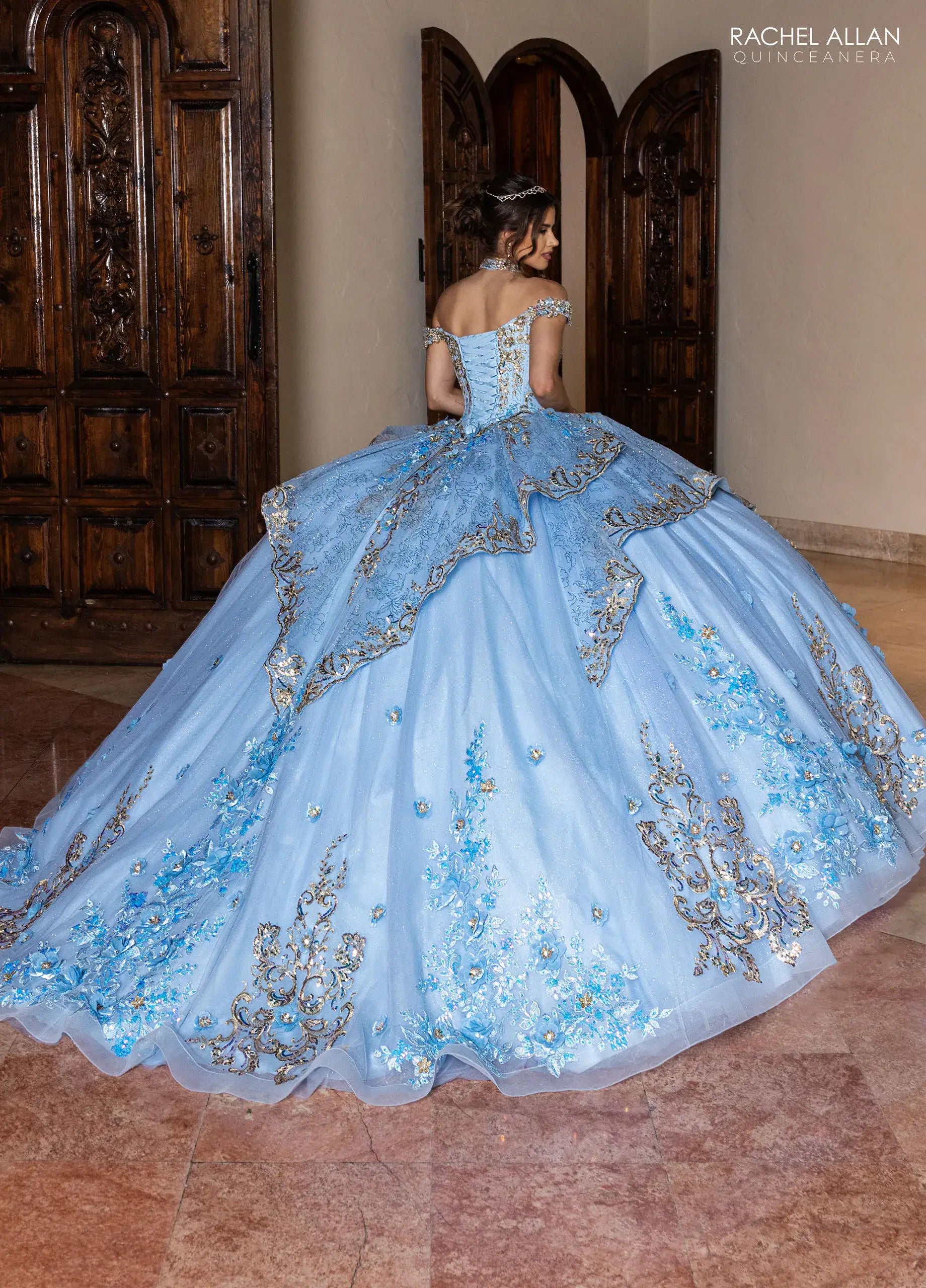Light Blue Gold Off-the-Shoulder Floor-Length Sequin Quinceañera Dress with Floral Appliqué – Rachel Allan RQ6010