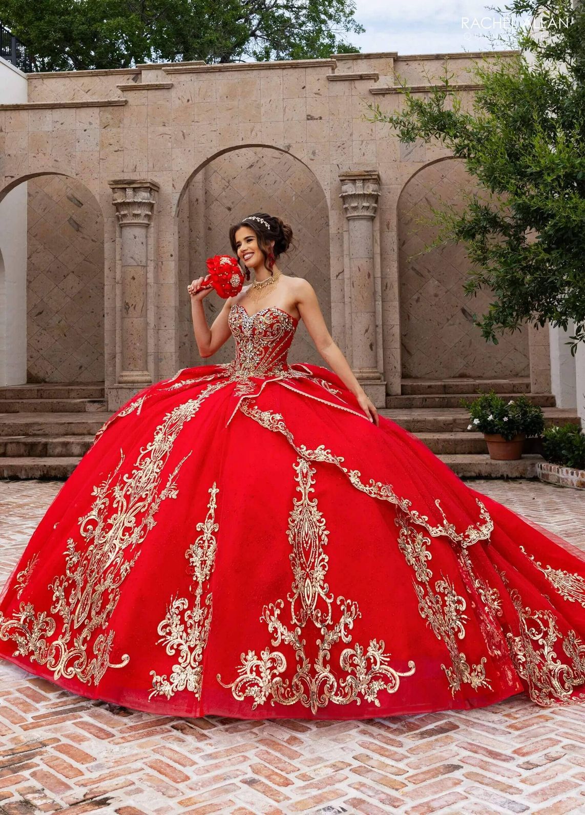 Red Gold Sweetheart Floor-Length Glitter Tulle Gown with Detachable Cape Formal Gown Rachel Allan RQ6015