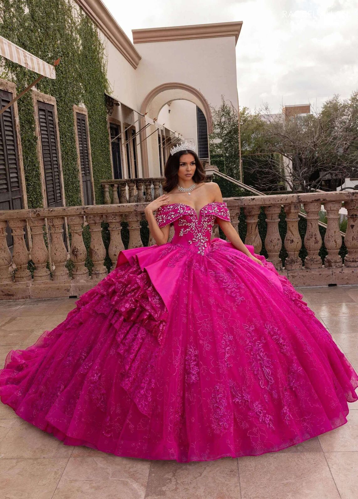 Fuchsia Off the Shoulder Floor Length Tulle Quinceanera Ball Gown with Beading Rachel Allan RQ6001
