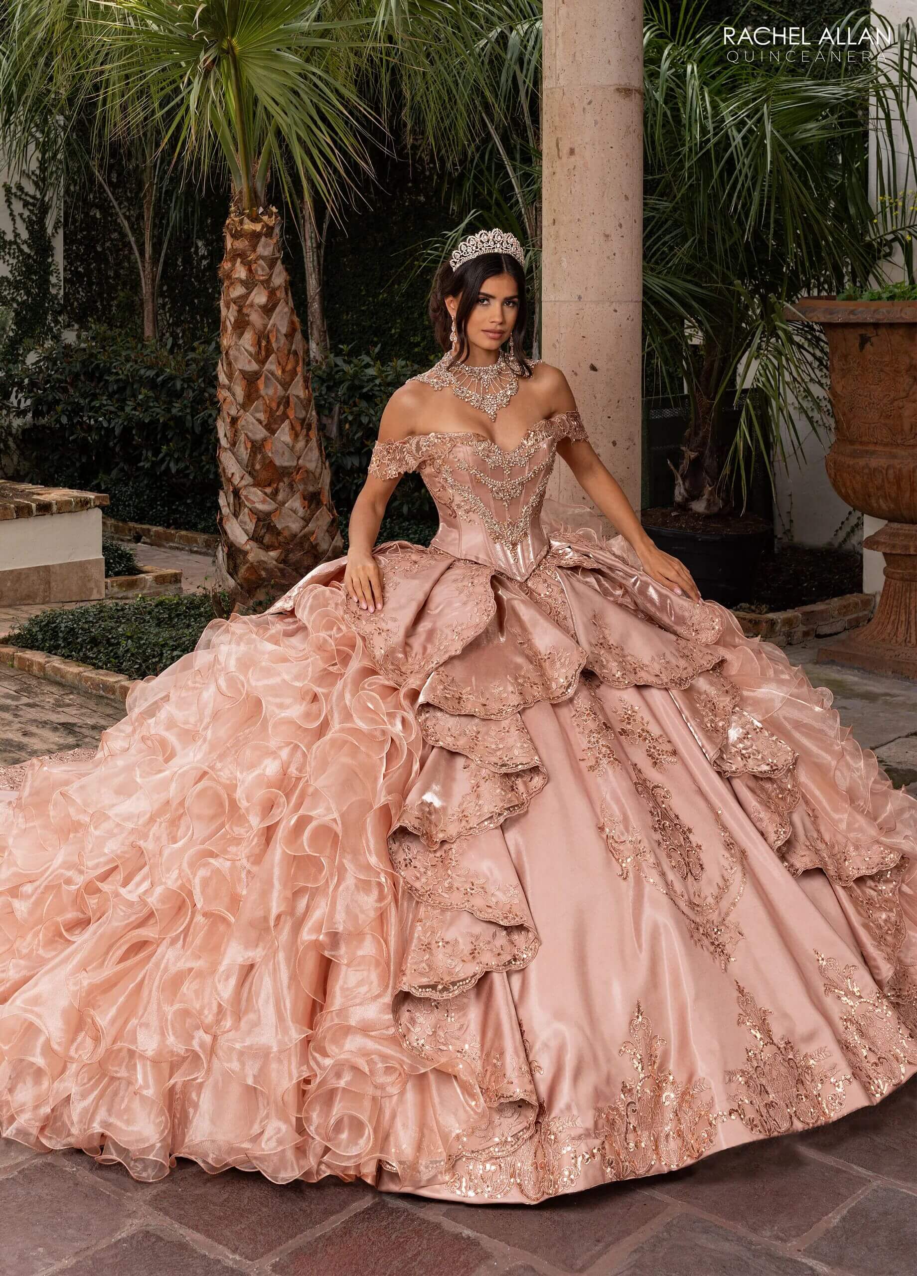 Latte Rose Gold Off the Shoulder Floor Length Crystal Satin Quinceanera Ball Gown with Tiered Ruffle Train Rachel Allan RQ6004