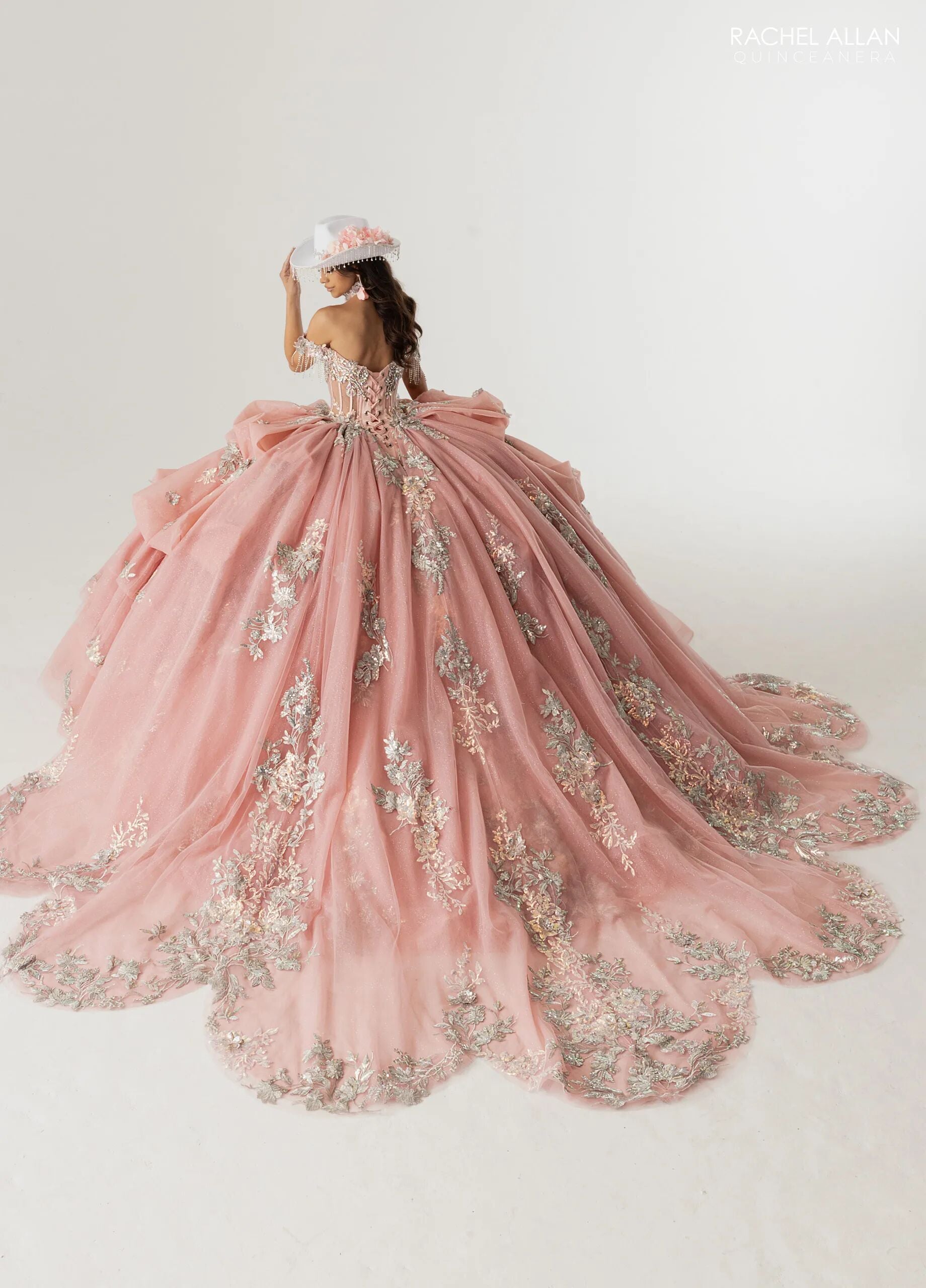 Rose Pink Silver Off-the-Shoulder Floor-Length Tulle Gown with Floral Embellishments Formal Gown Rachel Allan RQ6014